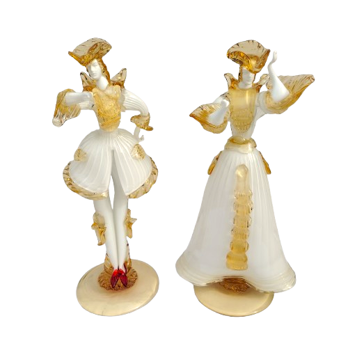 Mid Century Murano Art Glass Amber White Couple Goldoni Venetian Figurines