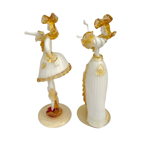 Mid Century Murano Art Glass Amber White Couple Goldoni Venetian Figurines
