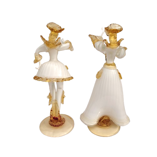 Mid Century Murano Art Glass Amber White Couple Goldoni Venetian Figurines