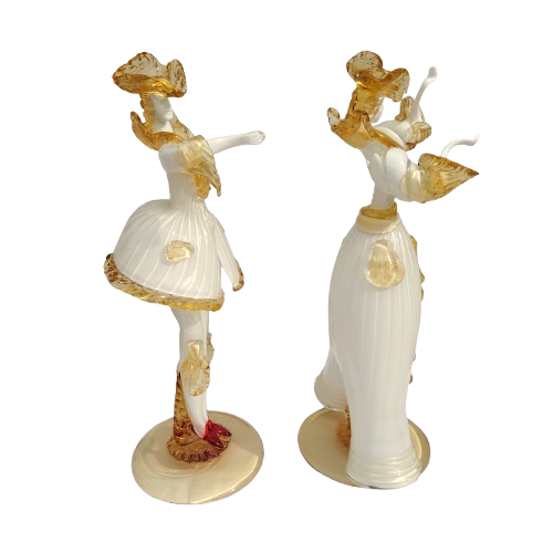 Mid Century Murano Art Glass Amber White Couple Goldoni Venetian Figurines