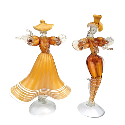 Mid Century Murano Art Glass Amber Couple Goldoni Venetian Figurines