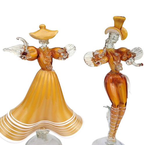 Mid Century Murano Art Glass Amber Couple Goldoni Venetian Figurines