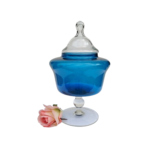 Italian Empoli glass transparent blue candy jar and cover