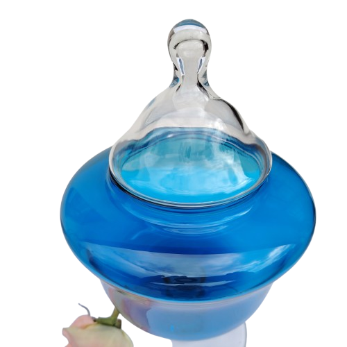 Italian Empoli glass transparent blue candy jar and cover