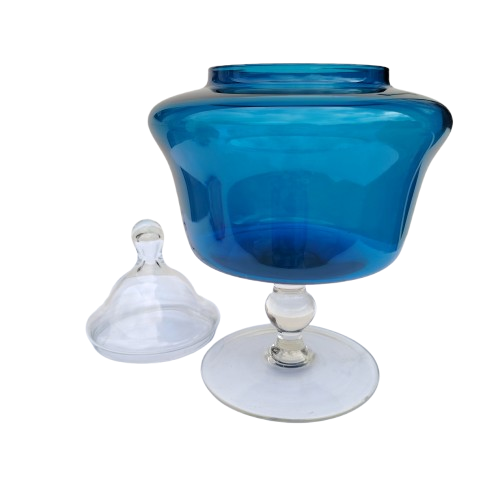 Italian Empoli glass transparent blue candy jar and cover