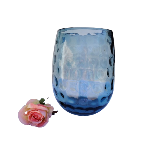 Ice Blue Glass Bubble Optic Thumbprint Round Vase