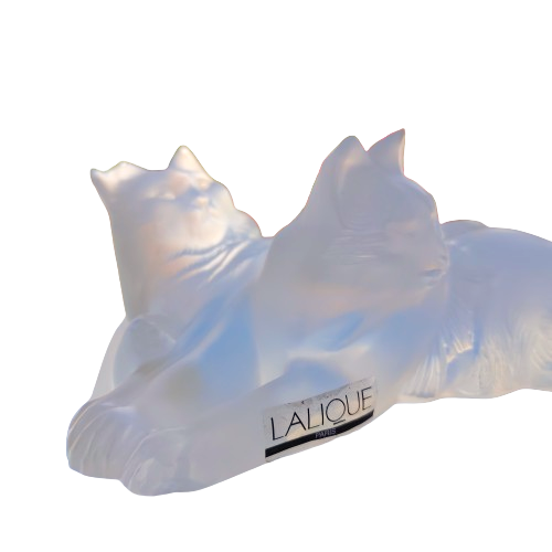 Lalique frosted crystal `Reclining Cats` figurine, designed by Marc Lalique