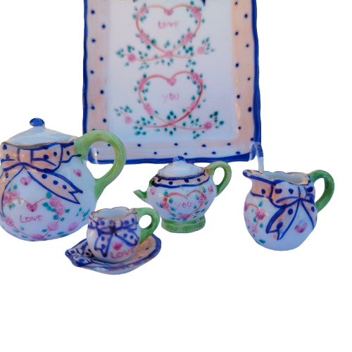 Miniature Porcelain Love Tea Set and Tray