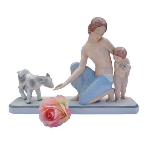 Royal Dux figural group of a mother a child with goat, pink triangle mark