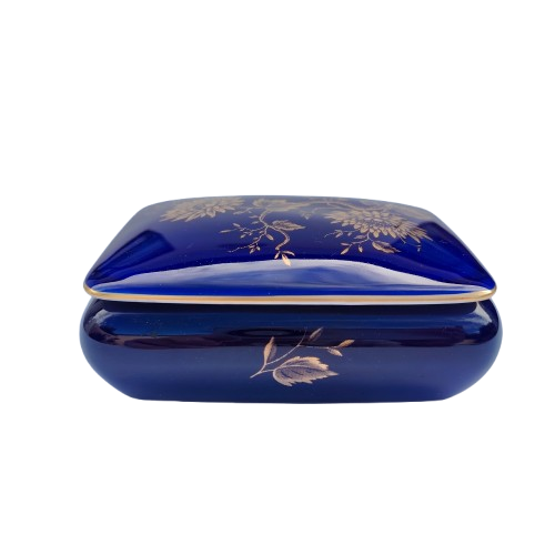 Limoges Porcelain Cobalt Blue and Gold lidded Trinket Box