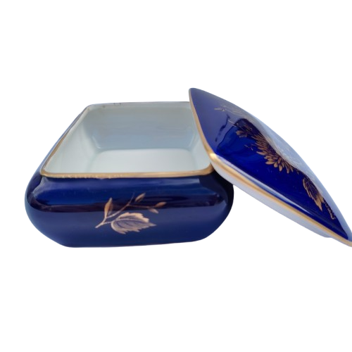 Limoges Porcelain Cobalt Blue and Gold lidded Trinket Box