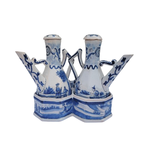 Blue and white faience wares pair of condiment ewers and twin-bowl