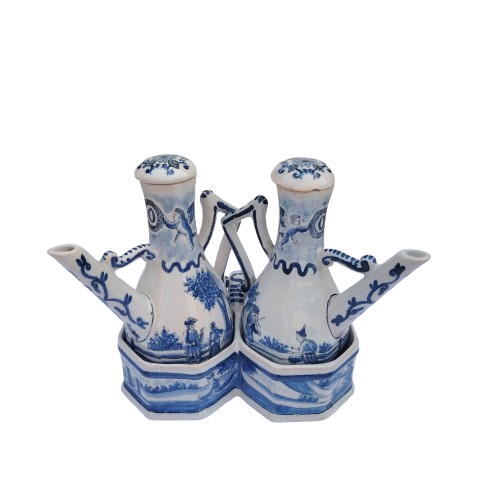 Blue and white faience wares pair of condiment ewers and twin-bowl