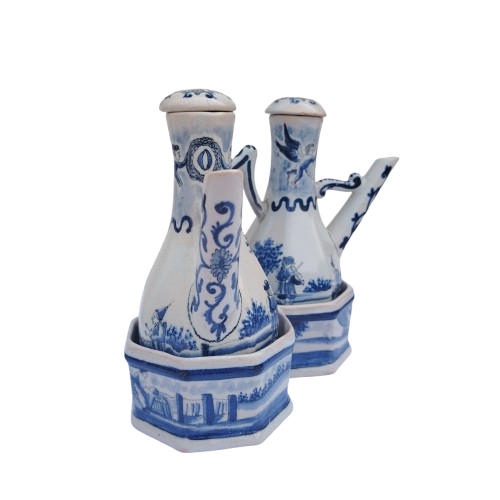Blue and white faience wares pair of condiment ewers and twin-bowl