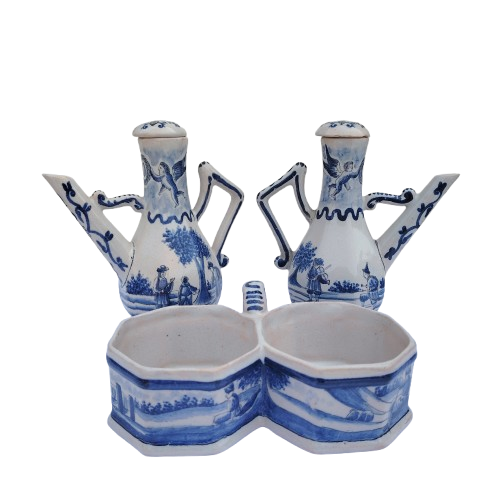 Blue and white faience wares pair of condiment ewers and twin-bowl