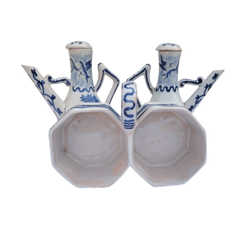 Blue and white faience wares pair of condiment ewers and twin-bowl