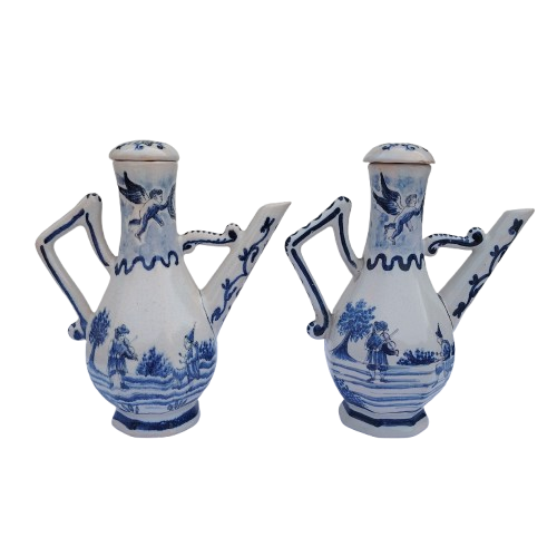 Blue and white faience wares pair of condiment ewers and twin-bowl