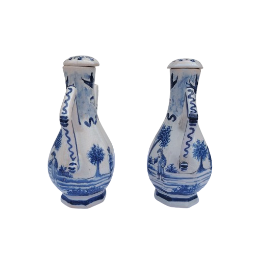 Blue and white faience wares pair of condiment ewers and twin-bowl
