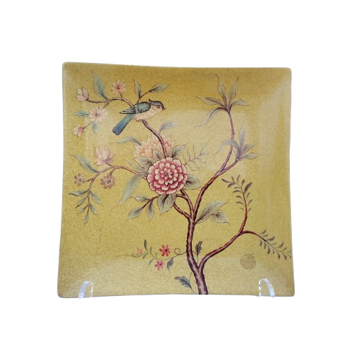 Square vintage Japanese ceramic plate with birds