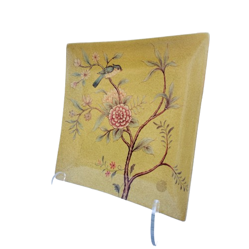 Square vintage Japanese ceramic plate with birds