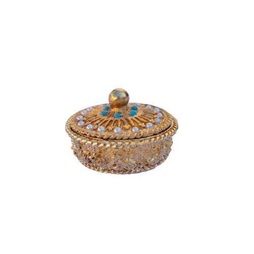 Gold plated trinket pill box by Mirella, faux pearls turquoise 1950s