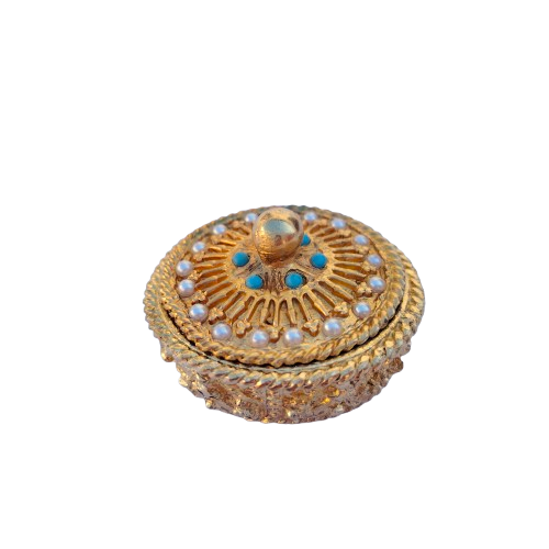 Gold plated trinket pill box by Mirella, faux pearls turquoise 1950s