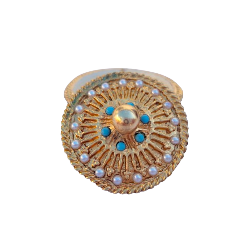Gold plated trinket pill box by Mirella, faux pearls turquoise 1950s