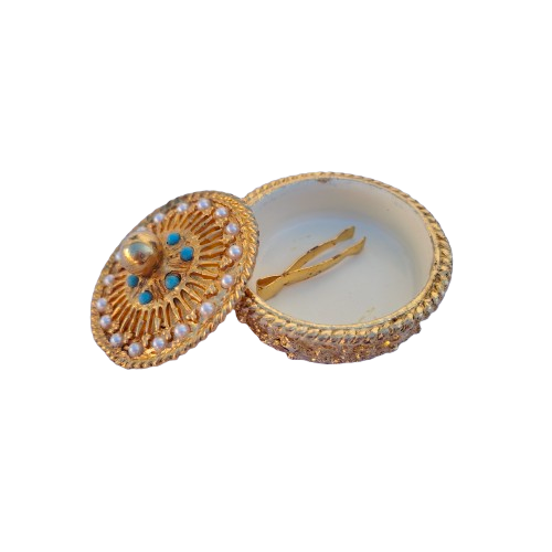 Gold plated trinket pill box by Mirella, faux pearls turquoise 1950s