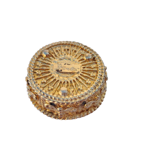 Gold plated trinket pill box by Mirella, faux pearls turquoise 1950s