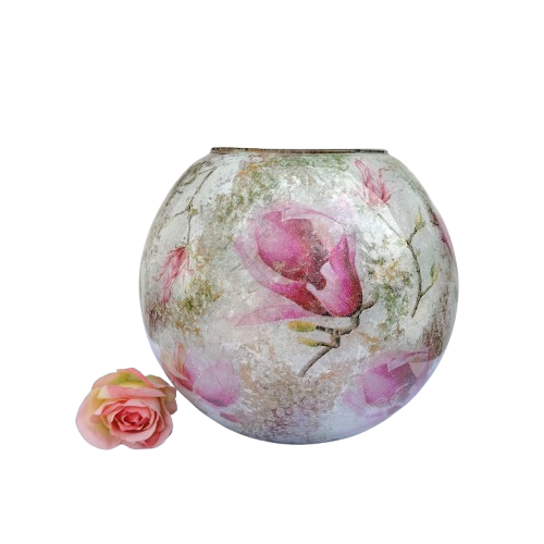 Large round decoupaged bowl flowers and gold accents