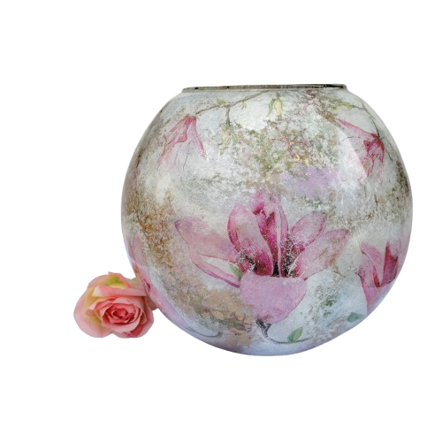 Large round decoupaged bowl flowers and gold accents