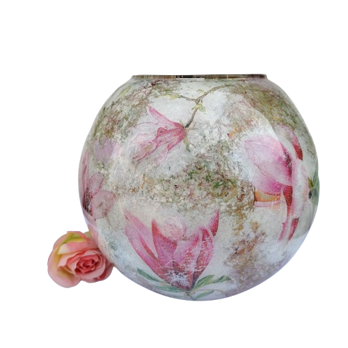Large round decoupaged bowl flowers and gold accents
