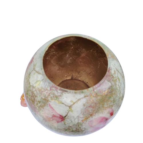 Large round decoupaged bowl flowers and gold accents