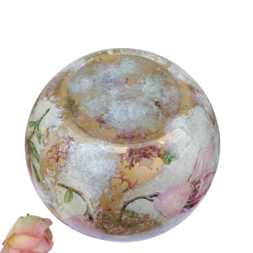 Large round decoupaged bowl flowers and gold accents