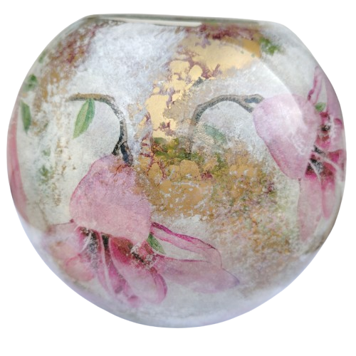 Large round decoupaged bowl flowers and gold accents
