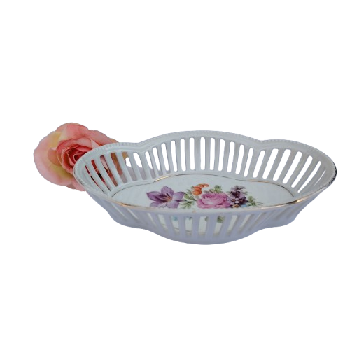Lattice Edge Porcelain Oval Dish with Floral Print