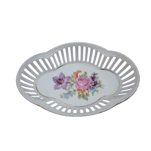 Lattice Edge Porcelain Oval Dish with Floral Print