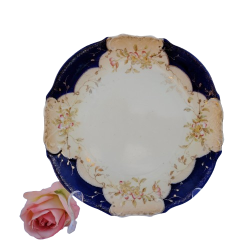 Antique Blue with Delicate Flowers & Scrolls Cake Plate