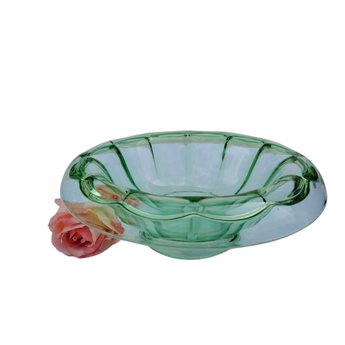 Art Deco Green Glass Bowl with rolled edge and raised foot