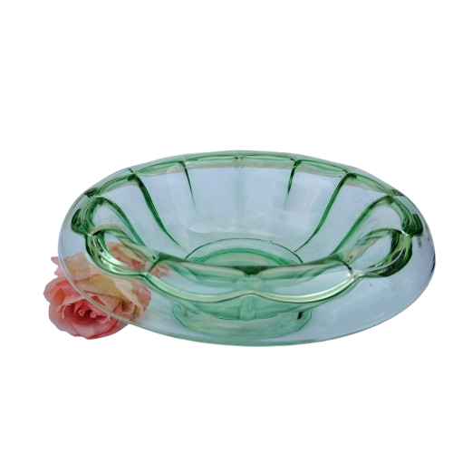 Art Deco Green Glass Bowl with rolled edge and raised foot