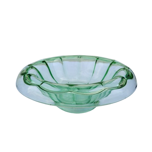 Art Deco Green Glass Bowl with rolled edge and raised foot