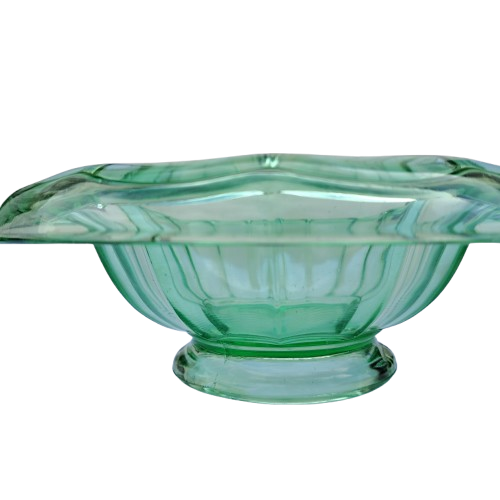 Art Deco Green Glass Bowl with rolled edge and raised foot
