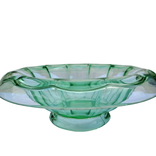 Art Deco Green Glass Bowl with rolled edge and raised foot