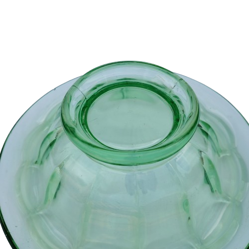 Art Deco Green Glass Bowl with rolled edge and raised foot