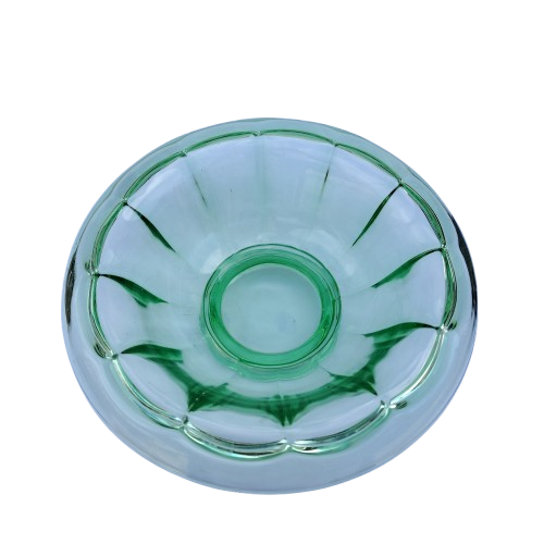 Art Deco Green Glass Bowl with rolled edge and raised foot
