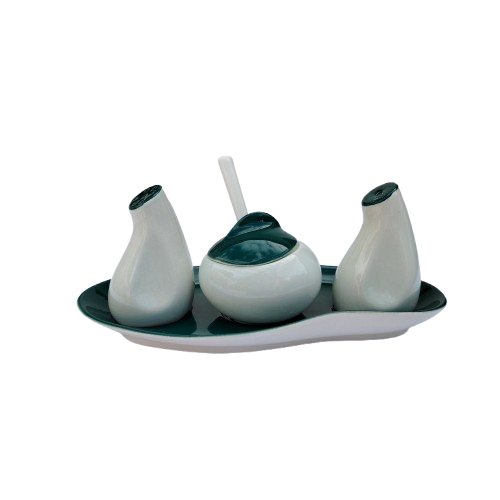 Retro Carlton Wear cruet set with salt, pepper, mustard pot and tray