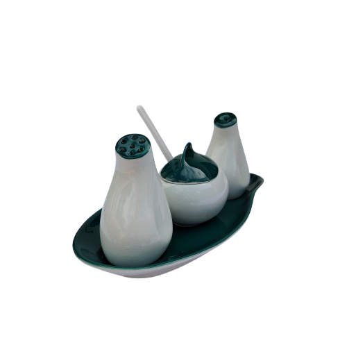 Retro Carlton Wear cruet set with salt, pepper, mustard pot and tray