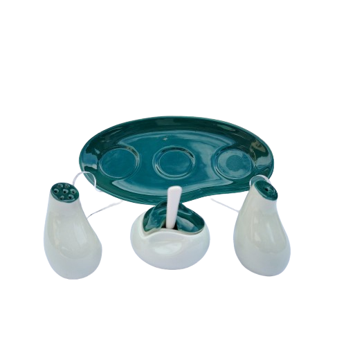 Retro Carlton Wear cruet set with salt, pepper, mustard pot and tray
