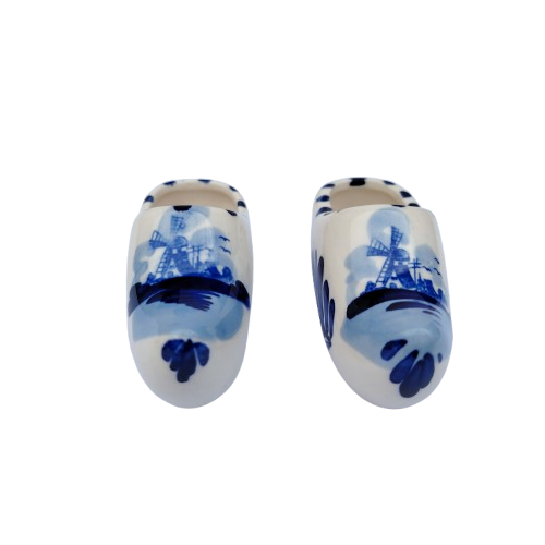 Dutch Delft Blue and White Pair of Clogs Windmill