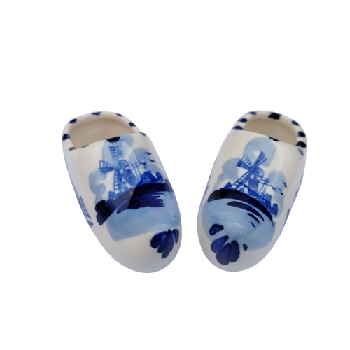 Dutch Delft Blue and White Pair of Clogs Windmill